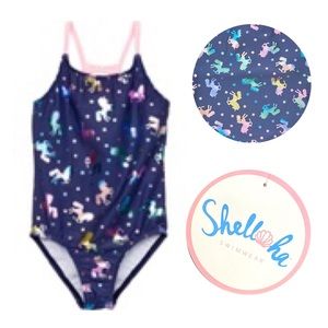 NWT Shelloha Blue Foil Unicorn 🦄 Swimsuit Size 12